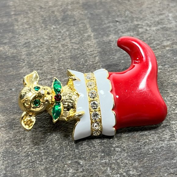 Cute Vintage Gold Tone Christmas Puppy in Stocking Red Boot Brooch Pin - Picture 7 of 9